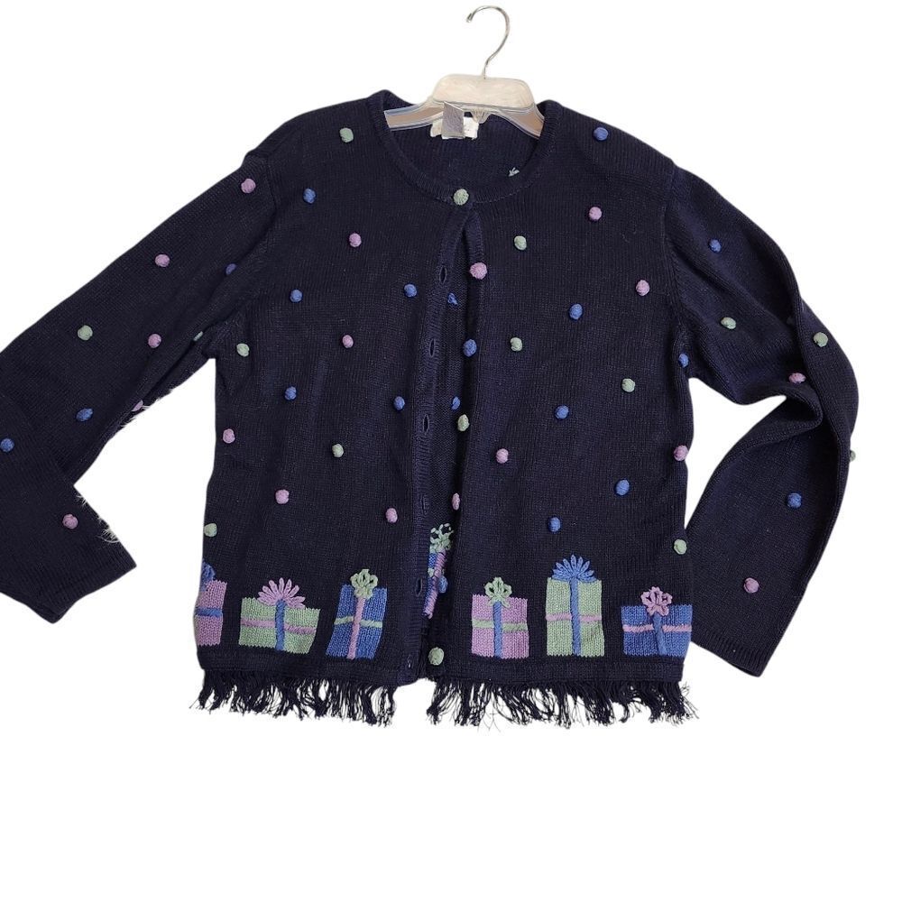 Christopher & Banks VTG Hand Embroidered Birthday Christmas cardigan sweater LG - Picture 11 of 12
